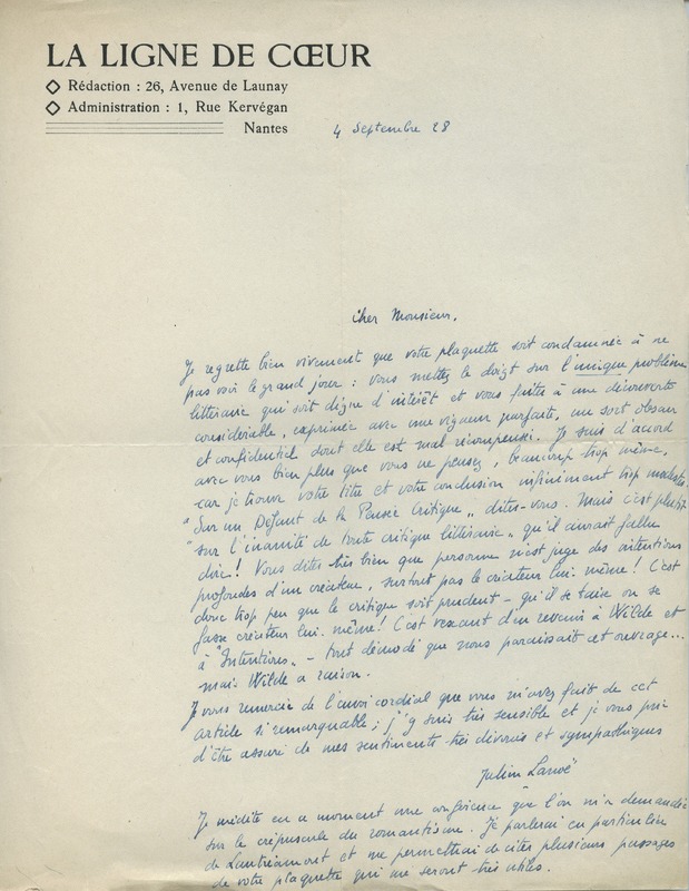 Lettre de Jean Paulhan à Julien Lanoë, 1928-09-04