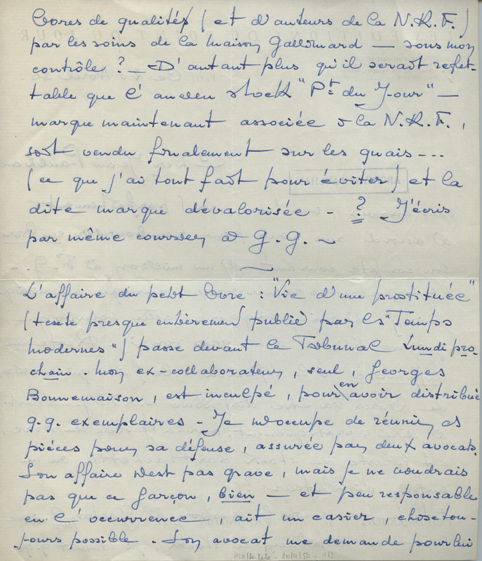 Lettre de René Bertelé à Jean Paulhan, 1950-04-20