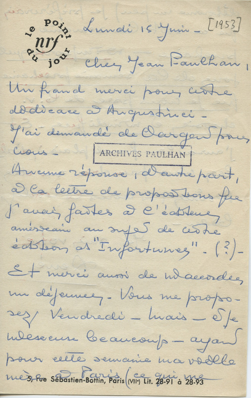 Lettre de René Bertelé à Jean Paulhan, 1953-06-15