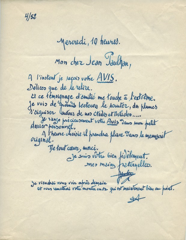 Lettre de Jean Arabia à Jean Paulhan, 1952-04