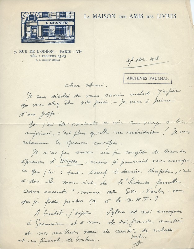 Lettre d'Adrienne Monnier à Jean Paulhan, 1928-12-27