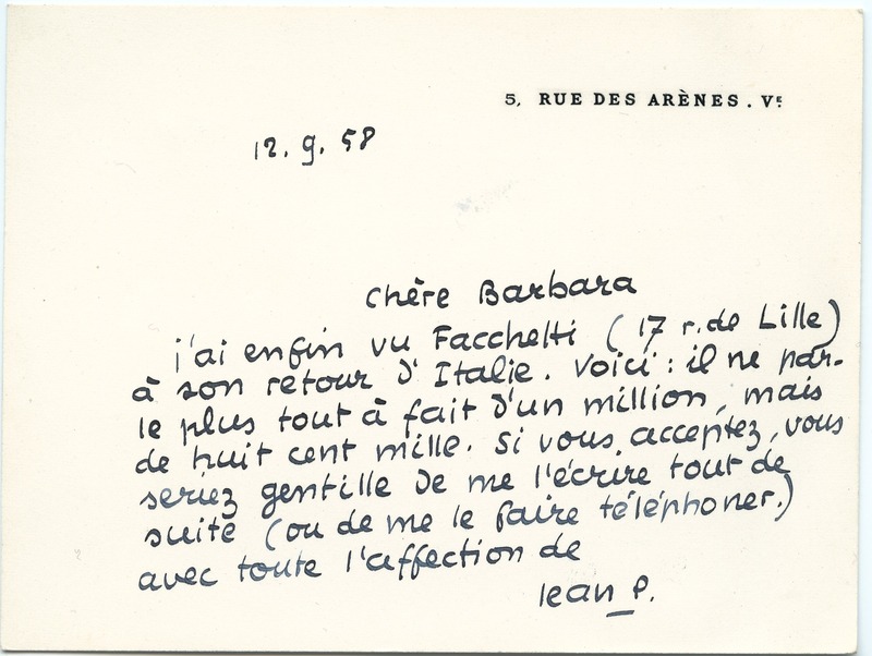 Lettre de Jean Paulhan à Barbara Church (12 septembre 1958)