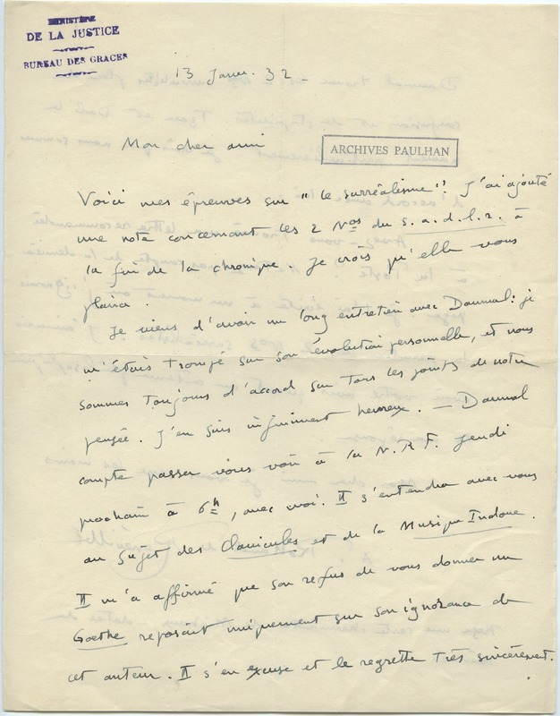 Lettre d'André Rolland de Renéville à Jean Paulhan, 1932-01-13