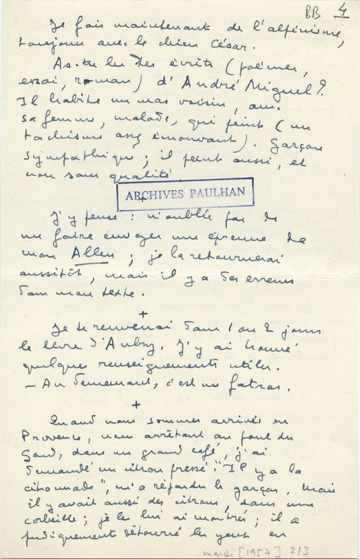 Lettre de Marcel Arland à Jean Paulhan, 1957