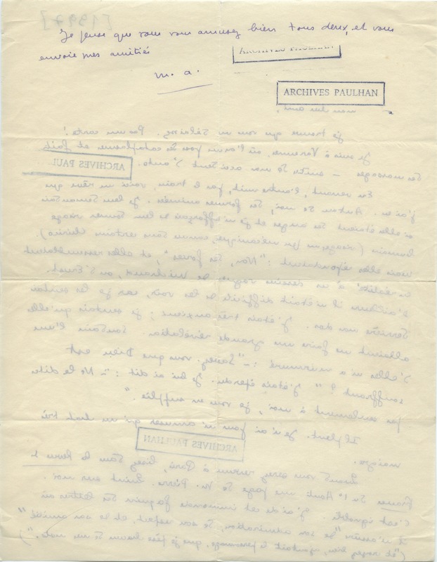 Lettre de Marcel Arland à Jean Paulhan, 1927 Lettre de Marcel Arland à Jean Paulhan, 1927