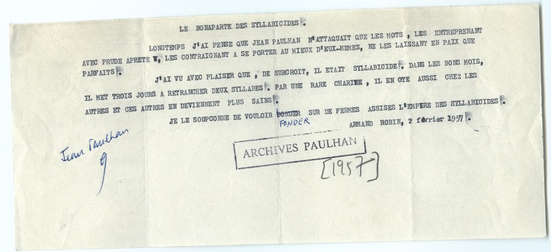 Lettre d'Armand Robin à Jean Paulhan (2 février 1957)