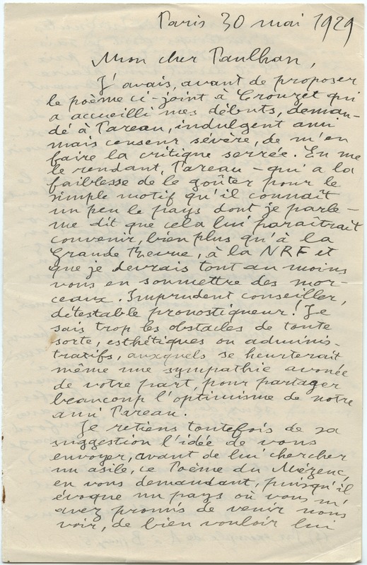 Lettre de Julien Vocance à Jean Paulhan (30 mai 1929)