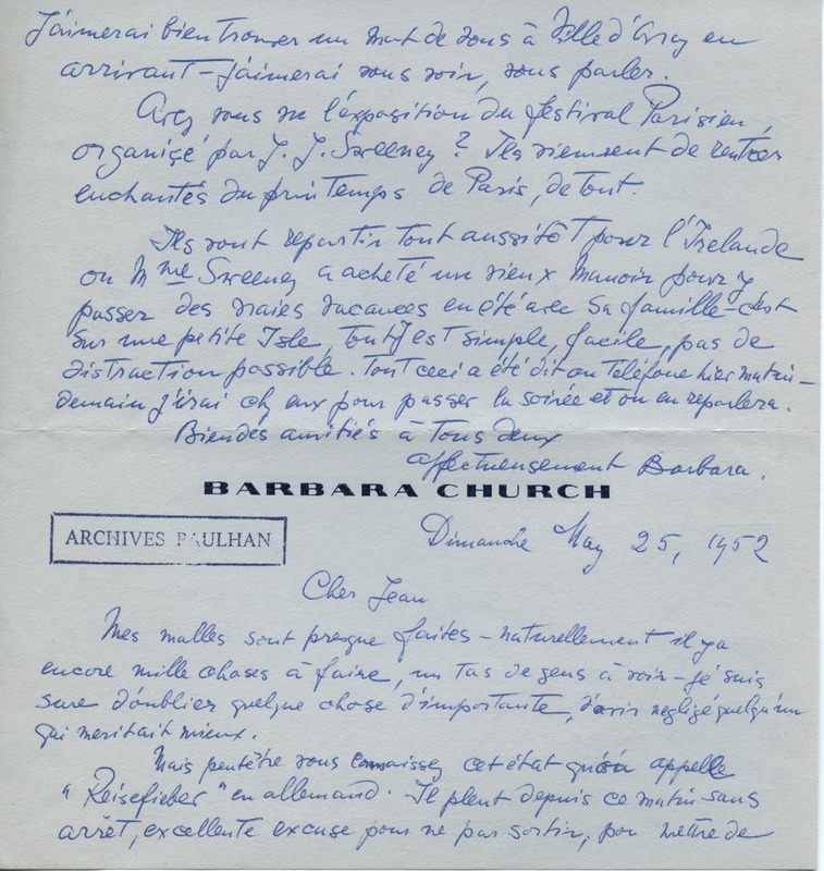Lettre de Barbara Church à Jean Paulhan (25 mai 1952)