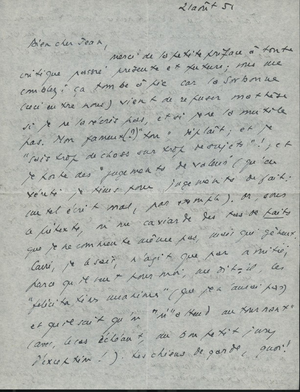 Lettre de René Étiemble à Jean Paulhan, 1951-08-21 Lettre de René Étiemble à Jean Paulhan, 1951-08-21