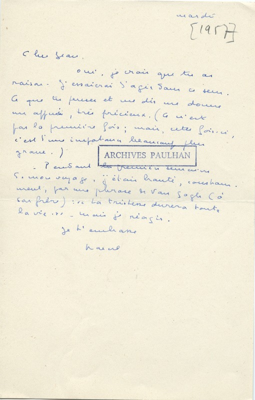 Lettre de Marcel Arland à Jean Paulhan, 1957