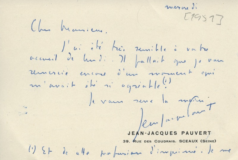 Lettre de Jean-Jacques Pauvert à Jean Paulhan, 1951