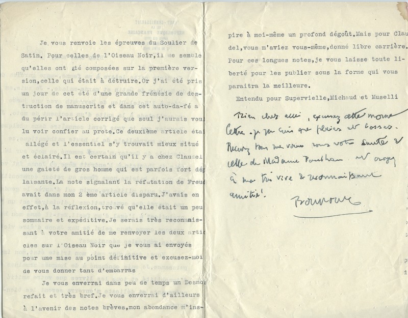 Lettre de Gabriel Bounoure à Jean Paulhan, 1930