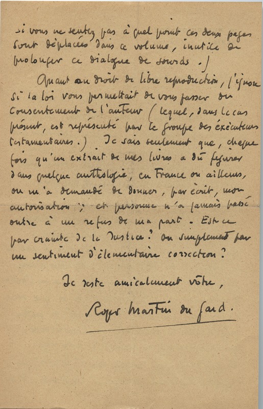 Lettre de Roger Martin du Gard à Jean Paulhan, 1951-12-13