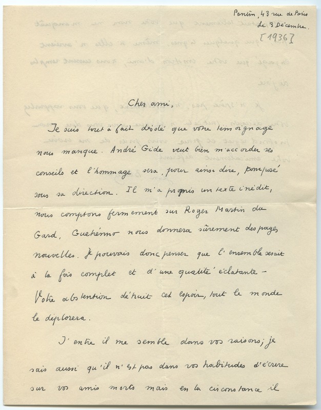 Lettre de Jean Blanzat à Jean Paulhan (3 décembre 1936)