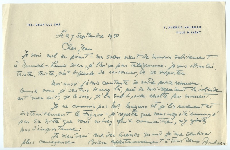 Lettre de Barbara Church à Jean Paulhan (27 septembre 1950)