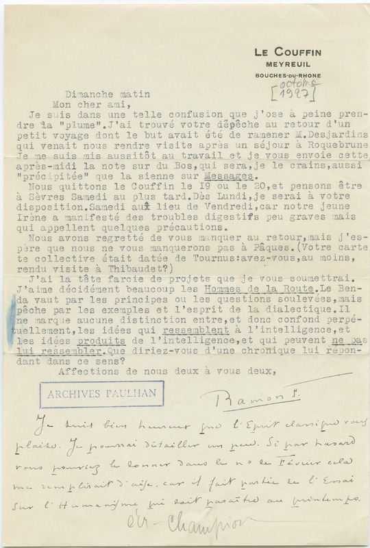 Lettre de Ramon Fernandez à Jean Paulhan (1er octobre 1927)