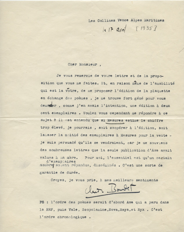 Lettre de Claude Bourdet à Jean Paulhan, 1935-04-17