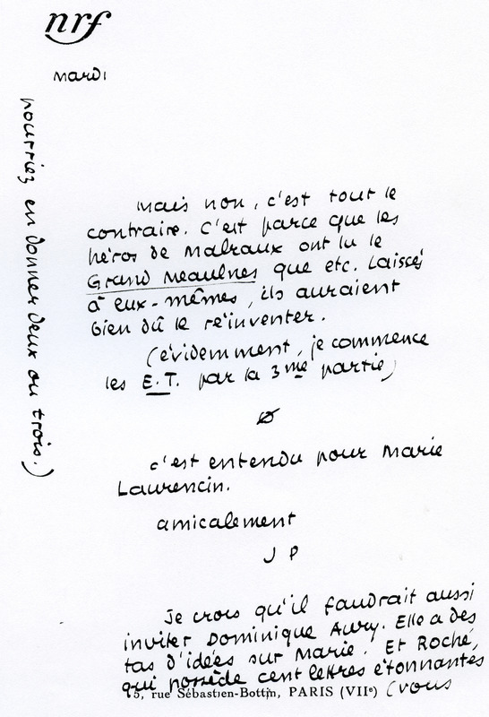 Lettre de Jean Paulhan à Roger Nimier, 1951-10-15