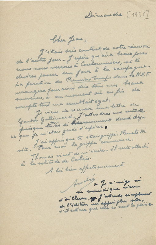Lettre d'André Dhôtel à Jean Paulhan, 1953