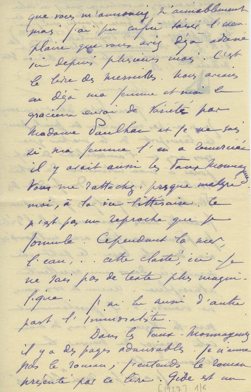 Lettre de Claude Balyne à Jean Paulhan, 1927-11-25 Lettre de Claude Balyne à Jean Paulhan, 1927-11-25