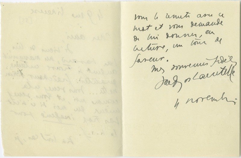 Lettre de Jacques de Lacretelle à Jean Paulhan (4 novembre 1933)