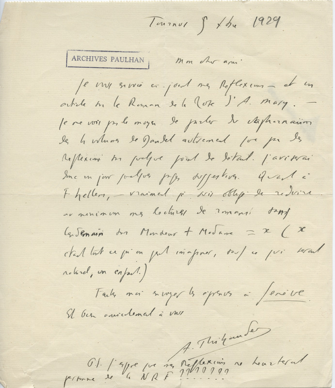 Lettre d'Albert Thibaudet à Jean Paulhan, 1929