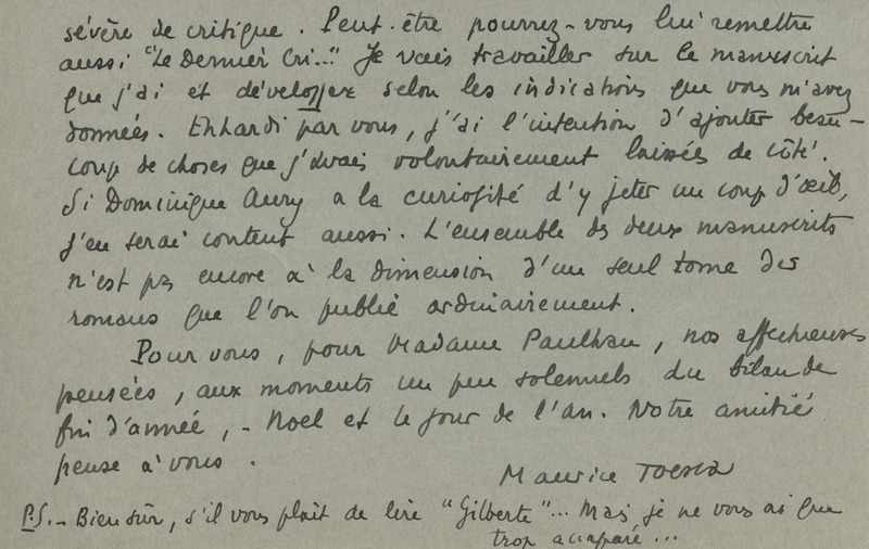 Lettre de Maurice Toesca à Jean Paulhan, 1951