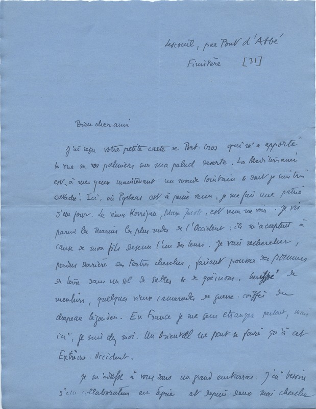 Lettre de Gabriel Bounoure à Jean Paulhan, 1931