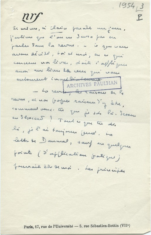 Lettre de Marcel Arland à Jean Paulhan, 1954