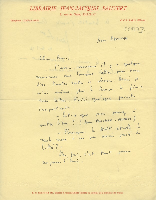 Lettre de Jean-Jacques Pauvert à Jean Paulhan, 1957