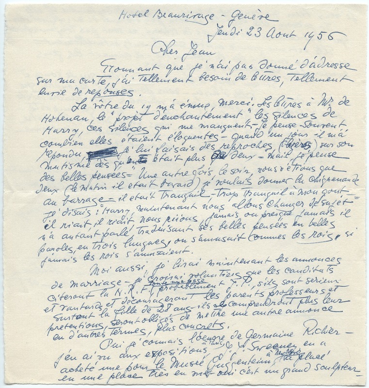 Lettre de Barbara Church à Jean Paulhan (23 août 1956)