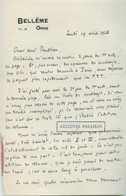 Lettre de Roger Martin du Gard à Jean Paulhan, 1928-04-19