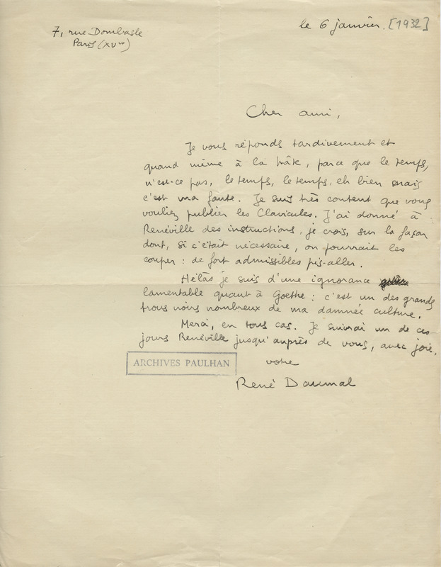 Lettre de René Daumal à Jean Paulhan, 1932-01-06 Lettre de René Daumal à Jean Paulhan, 1932-01-06