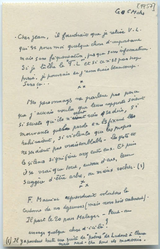 Lettre de Jean Blanzat à Jean Paulhan (6 mars 1957)