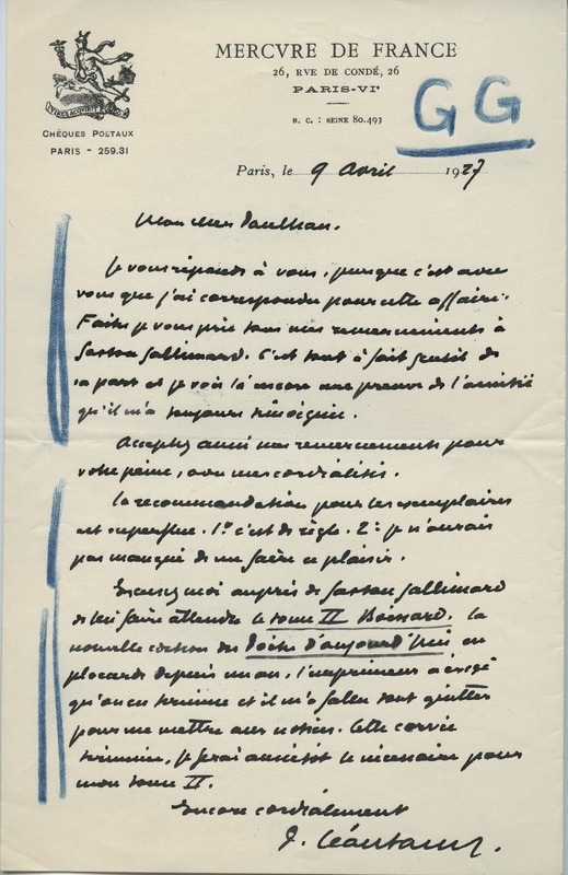 Lettre de Paul Léautaud à Jean Paulhan, 1927-04-09