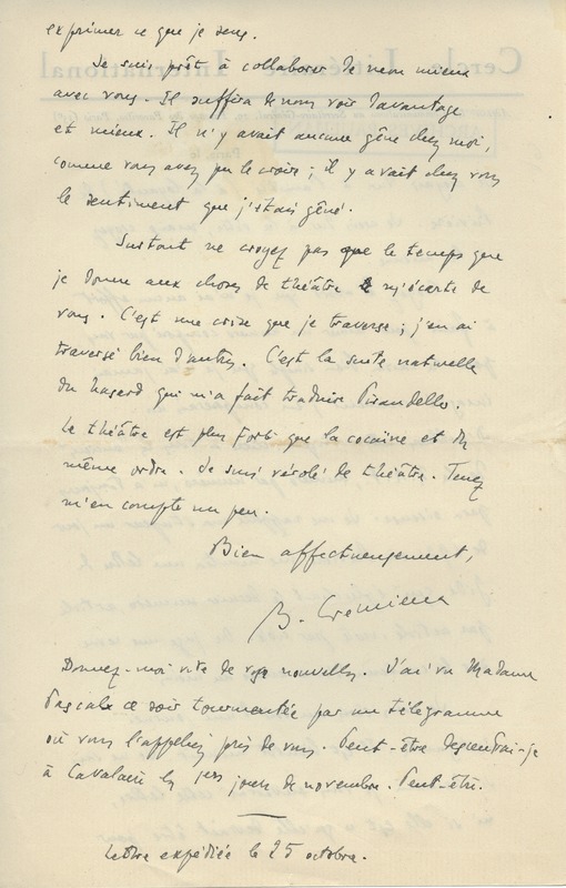 Lettre de Benjamin Crémieux à Jean Paulhan, 1925-10-23