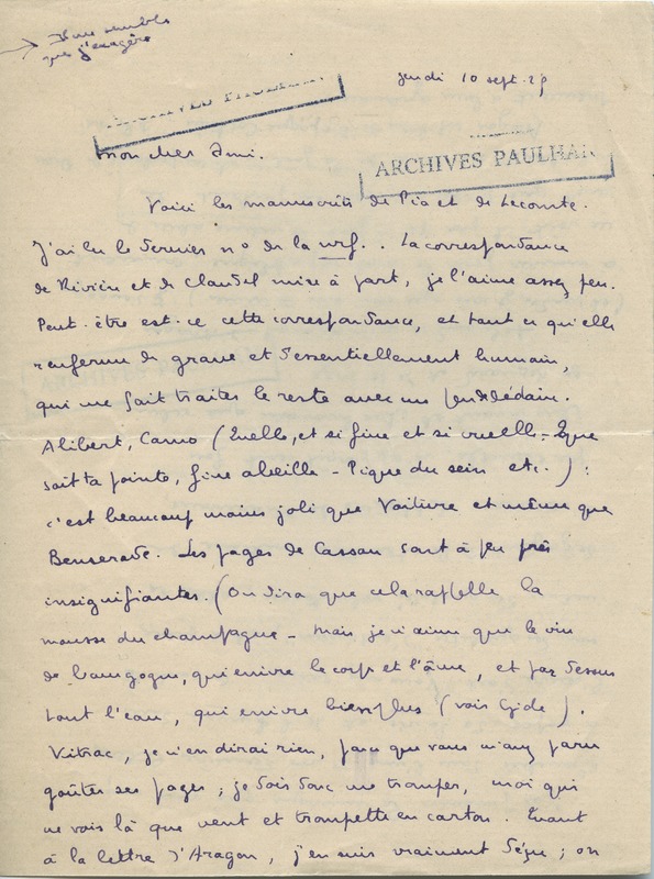 Lettre de Marcel Arland à Jean Paulhan, 1925-09-10