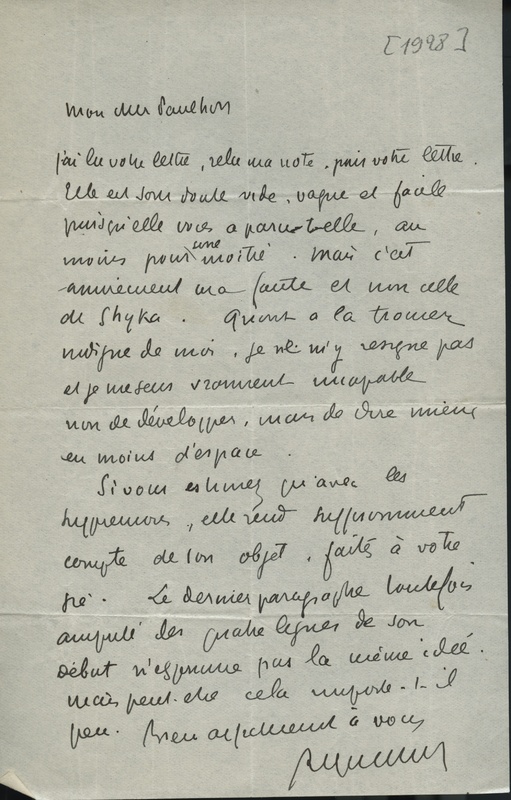 Lettre de Roger Allard à Jean Paulhan, 1928