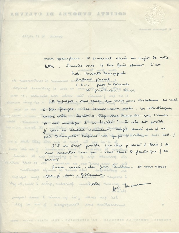 Lettre de Jean Lescure à Jean Paulhan, 1952-04-15