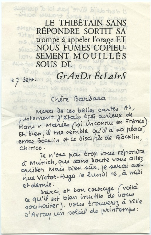 Lettre de Jean Paulhan à Barbara Church (7 septembre 1957)
