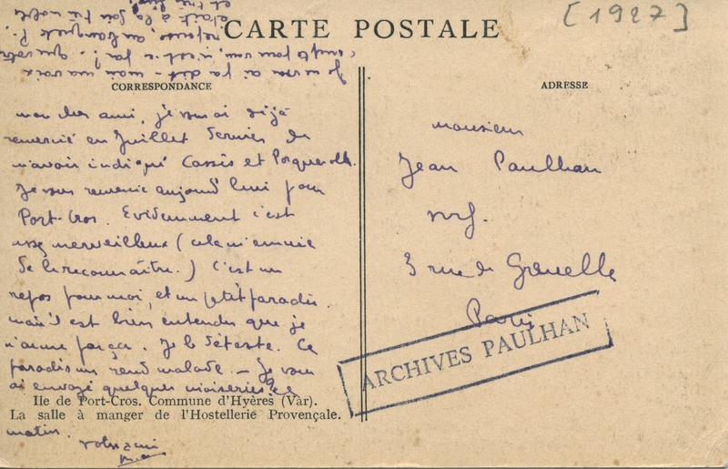 Lettre de Marcel Arland à Jean Paulhan, 1927