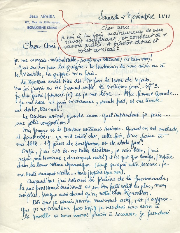 Lettre de Jean Arabia à Jean Paulhan, 1957-11-02