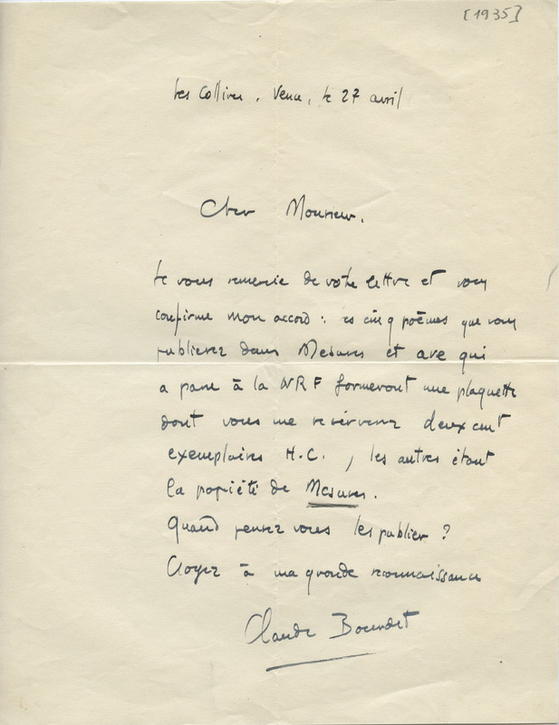 Lettre de Claude Bourdet à Jean Paulhan, 1935-04-27
