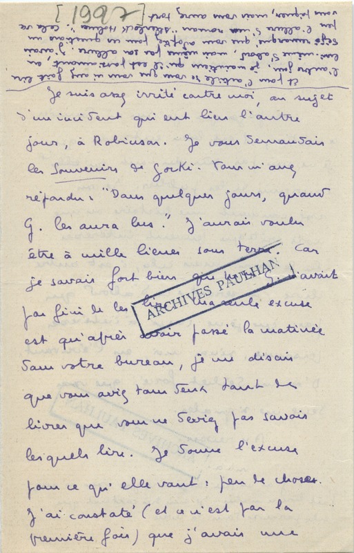 Lettre de Marcel Arland à Jean Paulhan, 1927