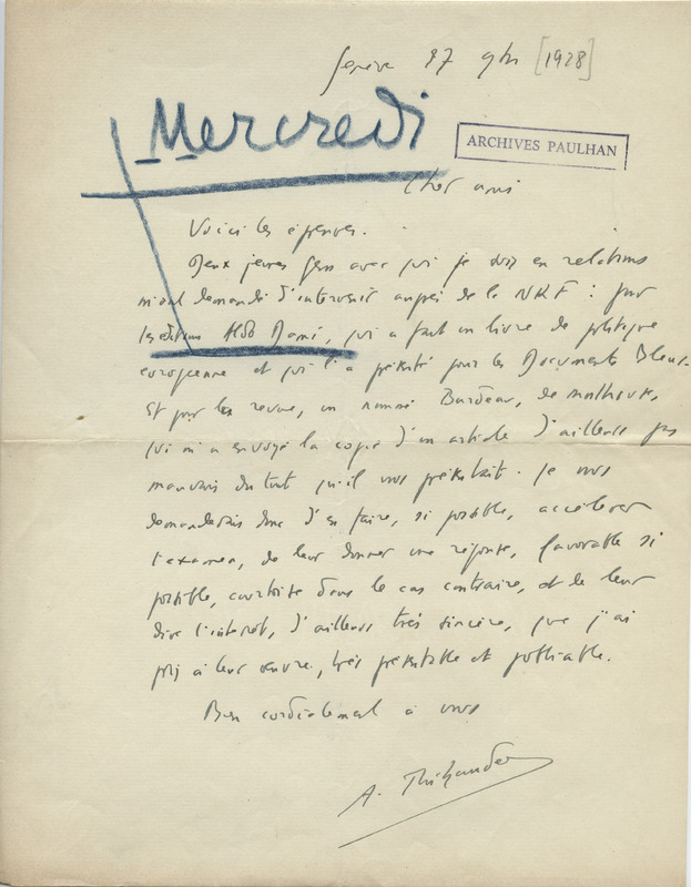 Lettre d'Albert Thibaudet à Jean Paulhan, 1928