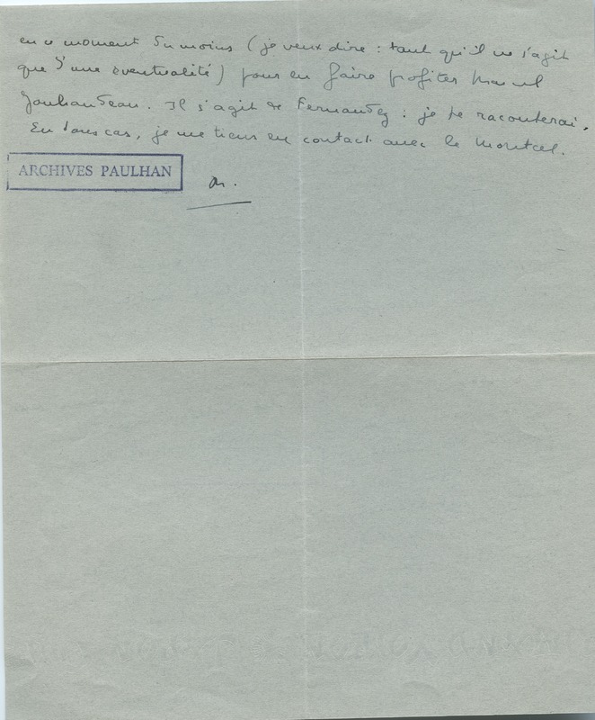 Lettre de Marcel Arland à Jean Paulhan, 1933 Lettre de Marcel Arland à Jean Paulhan, 1933