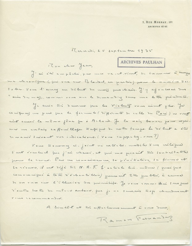 Lettre de Ramon Fernandez à Jean Paulhan (25 septembre 1935)
