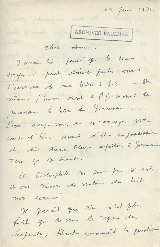 Lettre d'Adrienne Monnier à Jean Paulhan, 1931-06-23