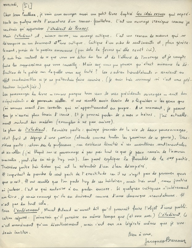 Lettre de Jacques Brenner à Jean Paulhan, 1951