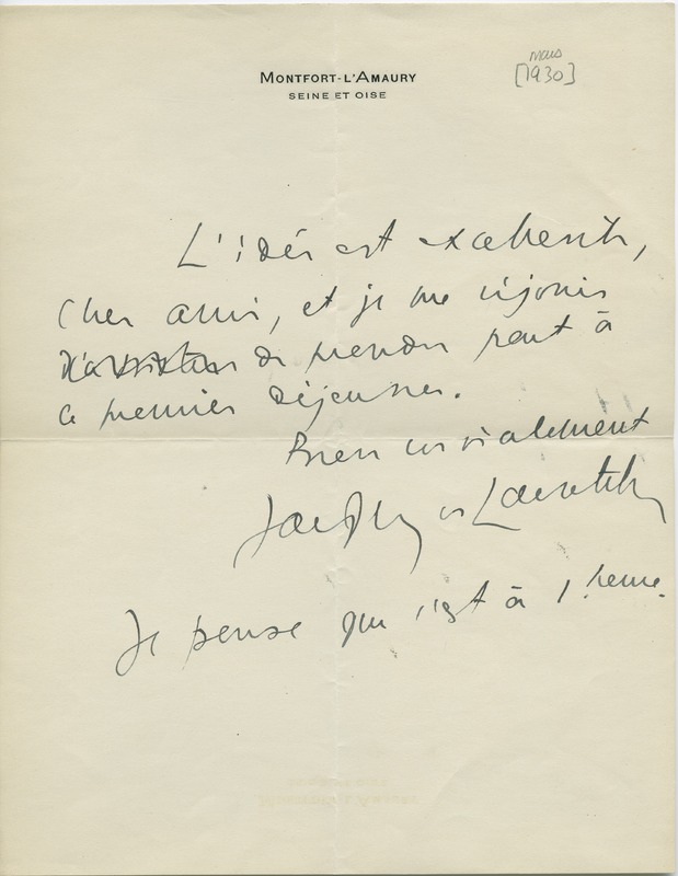 Lettre de Jacques de Lacretelle à Jean Paulhan (mars 1930)